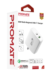Promate PowerCore 60 Wall Charger, Premium Fast Charging 60W Type-C, with Ultra-Fast Qualcomm Quick Charge 3.0 Port and Multi-Regional Plugs, White
