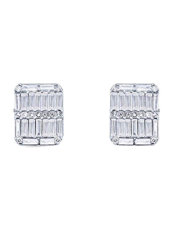 

Emerald Cut 18K White Gold Earrings for Women, with Baguette & Round Diamonds, Silver