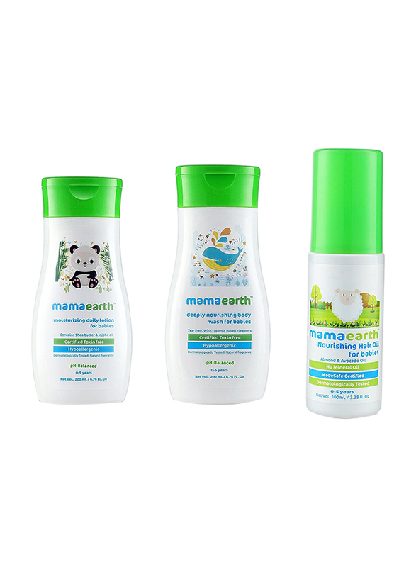 

Mamaearth 200ml Deeply Nourishing Baby Hair Oil + 200ml Daily Moisturizing Lotion + 200ml Deeply Nourishing Body Wash, 3-Piece