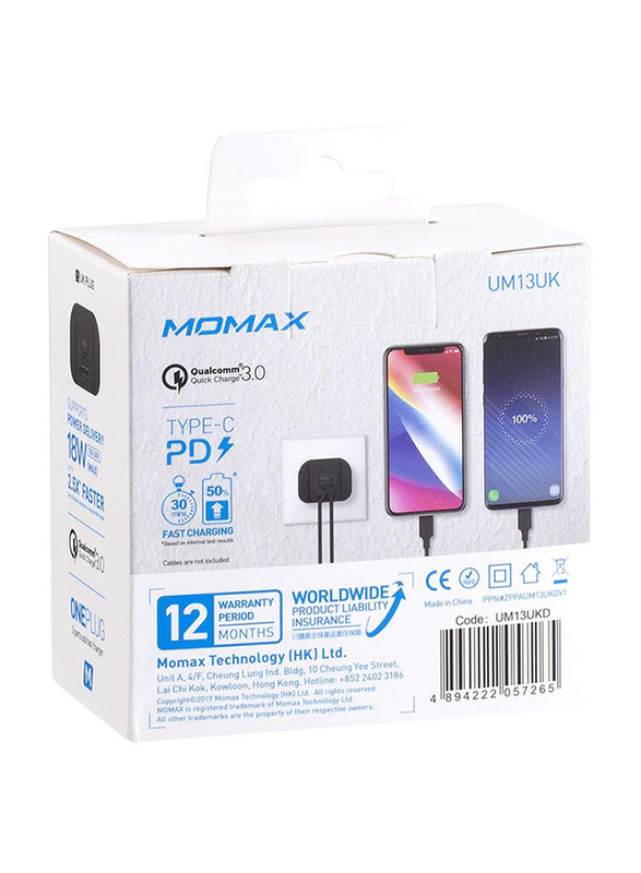 Momax UM13 UK 18W Fast Wall Charger, One Plug 2 Ports USB-C Power Deliver, QC 3.0 USB Adapter, Black