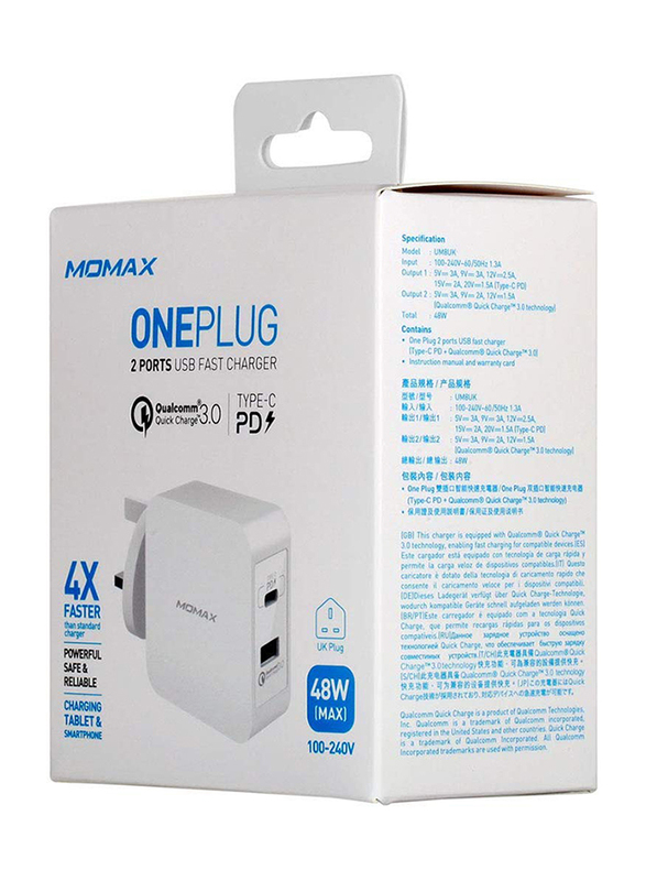 Momax UM8 UK 48W Fast Wall Charger, One Plug 2 Ports USB-C Power Deliver, QC 3.0 USB Adapter, White