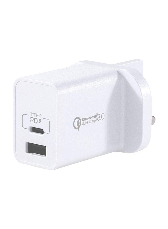 Momax UM13 UK 18W Fast Wall Charger, One Plug 2 Ports USB-C Power Deliver, QC 3.0 USB Adapter, White