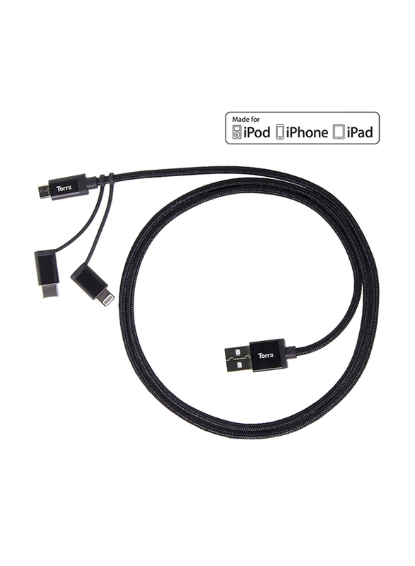 Torrii 1-Meter KeVable 3-in-1 Multi Charging Cable, 3.0A USB A Male to Lightning/Micro-USB B/USB Type-C, MFi Certified, 5000+ Bend Test Extremely Rugged Kevlar, for Apple iPhone/iPad/iPod, Black
