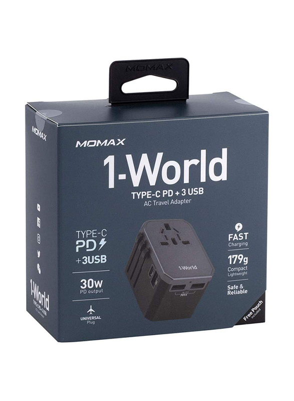 Momax UA7 1-World 42W Universal Wall Charger, USB-C PD Type-C and 3 x USB-A Ports, Black