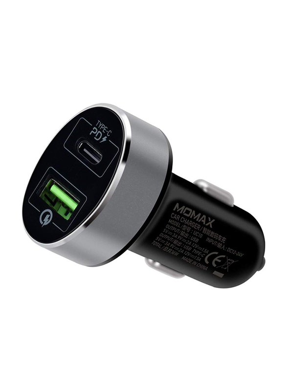 Momax UC10 Fast Car Charger, Dual Port USB with Type-C Power Deliver Plus QC 3.0, Black