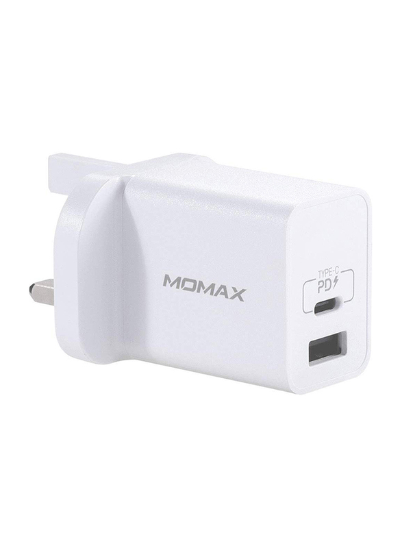 Momax UM13 UK 18W Fast Wall Charger, One Plug 2 Ports USB-C Power Deliver, QC 3.0 USB Adapter, White