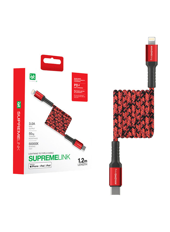 Amazing Thing 1.2-Meter Supreme Link Strong DuPont Kevlar Lightning Cable, Fast Charge 3.0A USB Type-C Male to Lightning for Apple iPhone/iPad/iPod, Red
