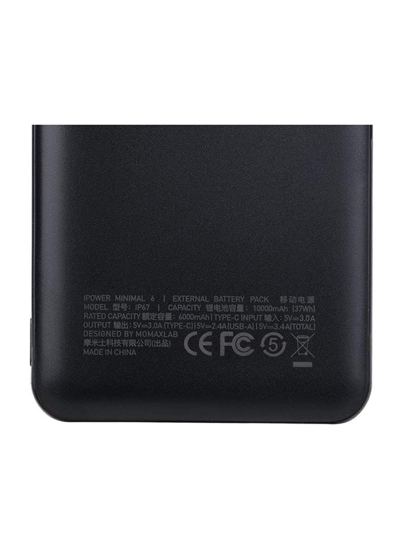 Momax 10000mAh iPower Minimal 6 IP67 Power Bank, Dual USB-A Port and Type-C, Portable Charger, Universal External Battery Pack, Black
