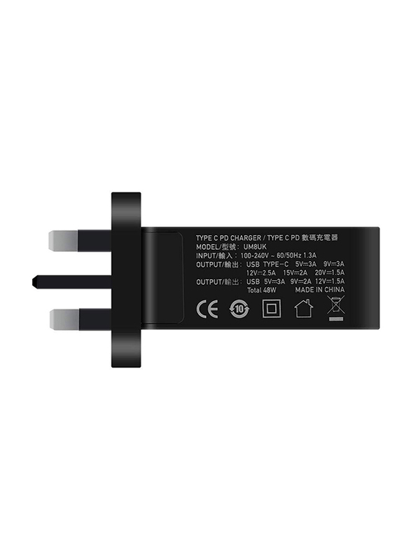 Momax UM8 UK 48W Fast Wall Charger, One Plug 2 Ports USB-C Power Deliver, QC 3.0 USB Adapter, Black