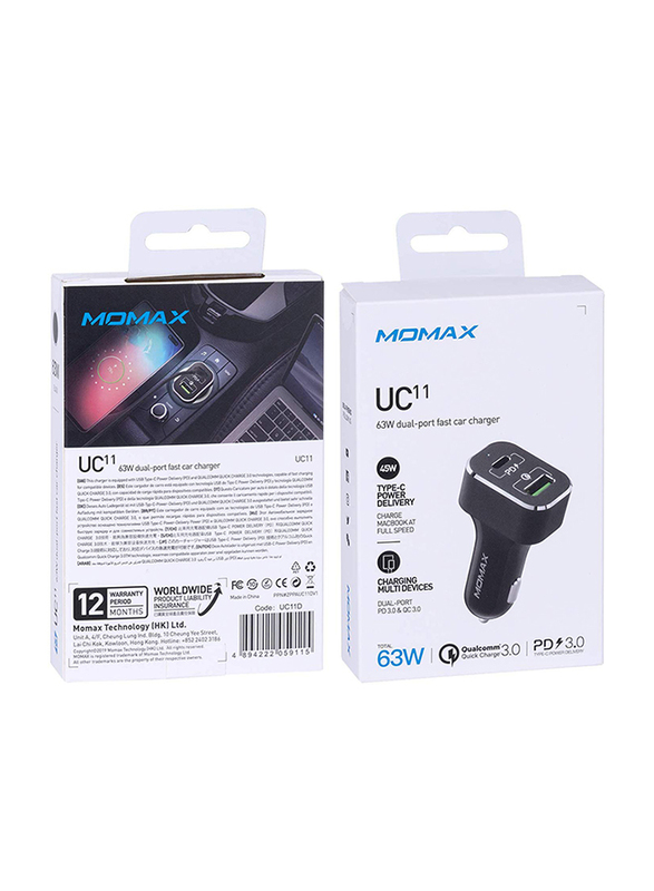 Momax UC11 63W Fast Car Charger, Dual-Port QC3.0 and USB-C Power Deliver, Black
