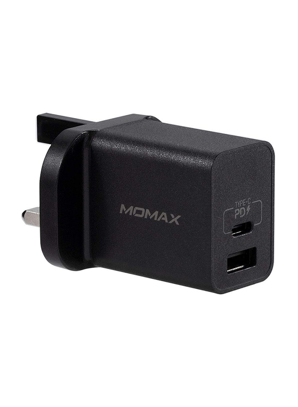 Momax UM13 UK 18W Fast Wall Charger, One Plug 2 Ports USB-C Power Deliver, QC 3.0 USB Adapter, Black