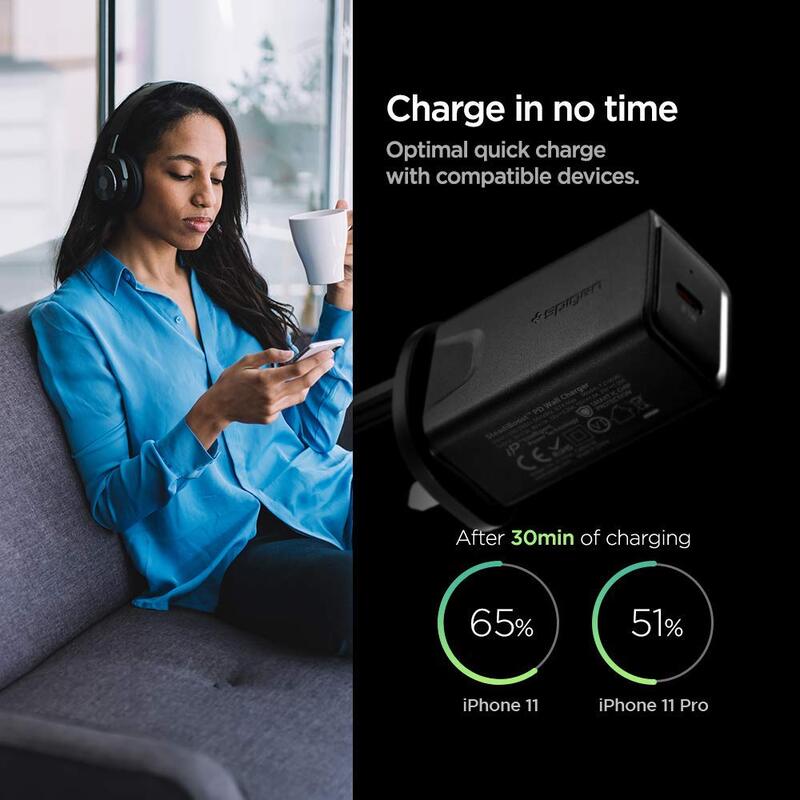 Spigen Essential F210 UK Wall Charger, USB-C Charger, 27W, IP Technology, USB C Fast Charge with Power Delivery 3.0, Black