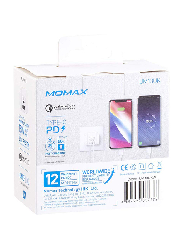 Momax UM13 UK 18W Fast Wall Charger, One Plug 2 Ports USB-C Power Deliver, QC 3.0 USB Adapter, White