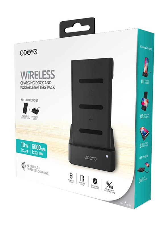 Odoyo 2in1 XC25 Wireless Charging Dock, Qi Enabled, 10W with Portable Battery Pack 6000mAh, Black