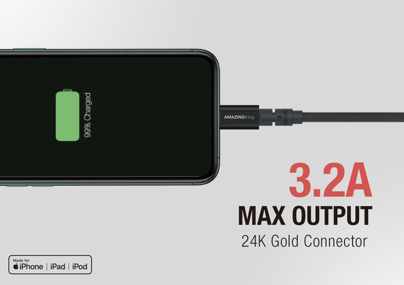 Amazing Thing 2.1-Meter Powermax Plus Lightning Cable, 3.2A USB A to Lightning Cable, MFi Certified, Fast Charge Robust 55kg Resistance 50000 Bend test 19AWG for Apple iPhone/iPad/iPod, Black