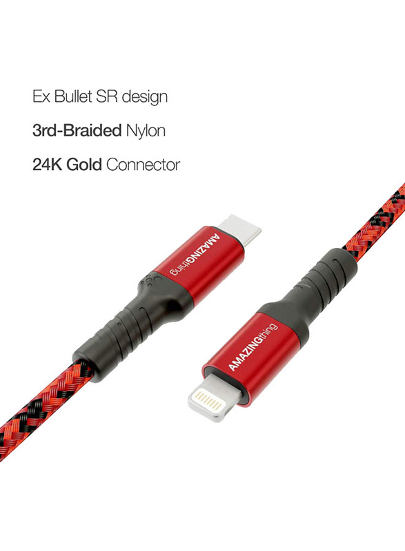 Amazing Thing 1.2-Meter Supreme Link Strong DuPont Kevlar Lightning Cable, Fast Charge 3.0A USB Type-C Male to Lightning for Apple iPhone/iPad/iPod, Red