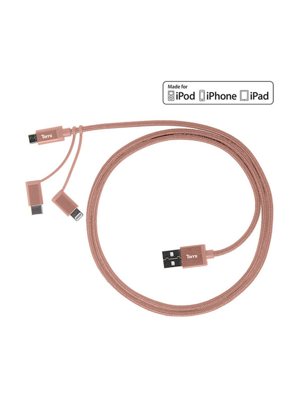 Torrii 1-Meter KeVable 3-in-1 Multi Charging Cable, 3.0A USB A Male to Lightning/Micro-USB B/USB Type-C, MFi Certified, 5000+ Bend Test Extremely Rugged Kevlar, for Apple iPhone/iPad/iPod, Rose Gold