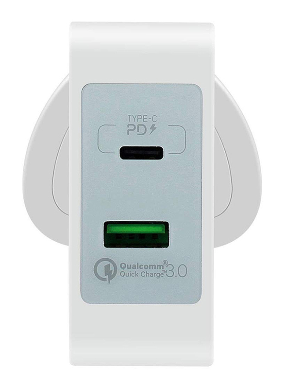Momax UM8 UK 48W Fast Wall Charger, One Plug 2 Ports USB-C Power Deliver, QC 3.0 USB Adapter, White