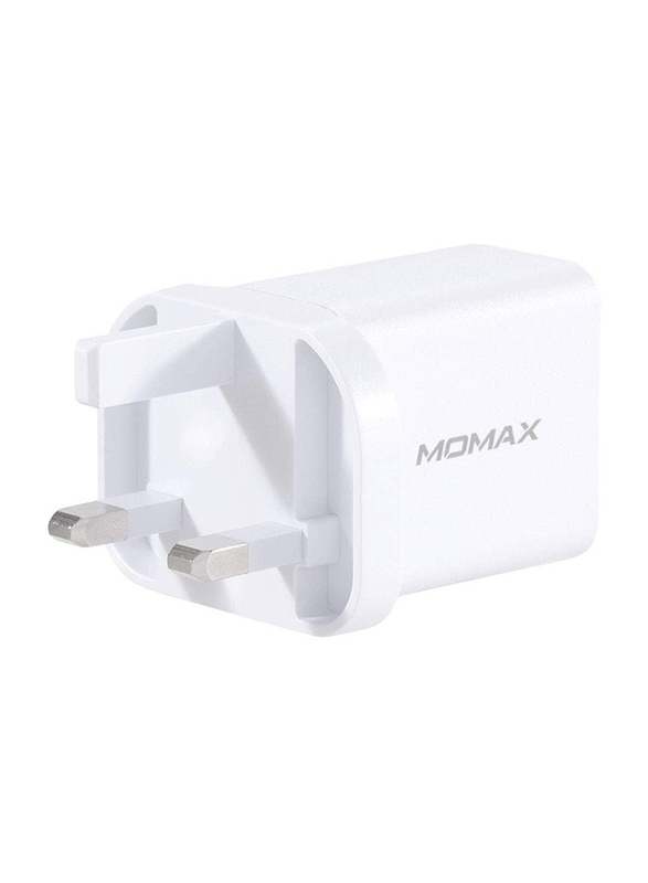 Momax UM13 UK 18W Fast Wall Charger, One Plug 2 Ports USB-C Power Deliver, QC 3.0 USB Adapter, White