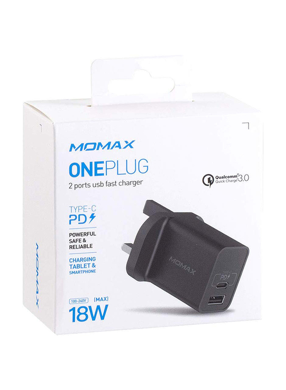 Momax UM13 UK 18W Fast Wall Charger, One Plug 2 Ports USB-C Power Deliver, QC 3.0 USB Adapter, Black