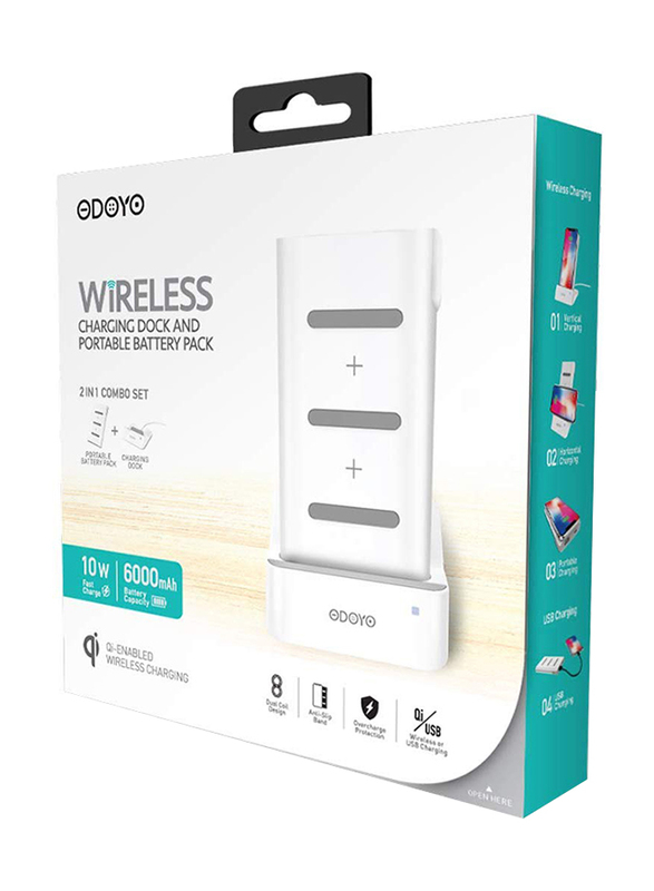 Odoyo 2in1 XC25 Wireless Charging Dock, Qi Enabled, 10W with Portable Battery Pack 6000mAh, White