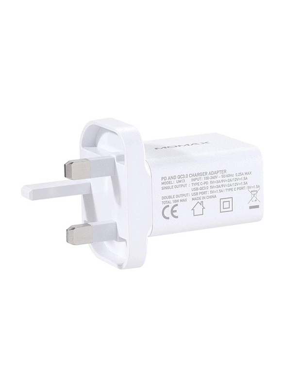 Momax UM13 UK 18W Fast Wall Charger, One Plug 2 Ports USB-C Power Deliver, QC 3.0 USB Adapter, White