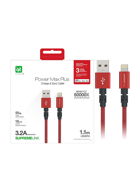 Amazing Thing 1.1-Meter Powermax Plus Lightning Cable, 3.2A USB A to Lightning Cable, MFi Certified, Fast Charge Robust 55kg Resistance 50000 Bend test 19AWG for Apple iPhone/iPad/iPod, Wine Red