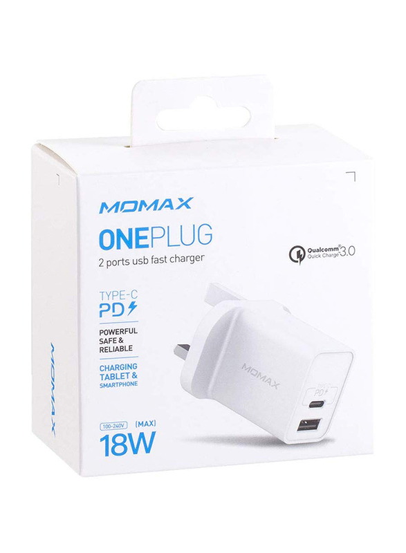 Momax UM13 UK 18W Fast Wall Charger, One Plug 2 Ports USB-C Power Deliver, QC 3.0 USB Adapter, White