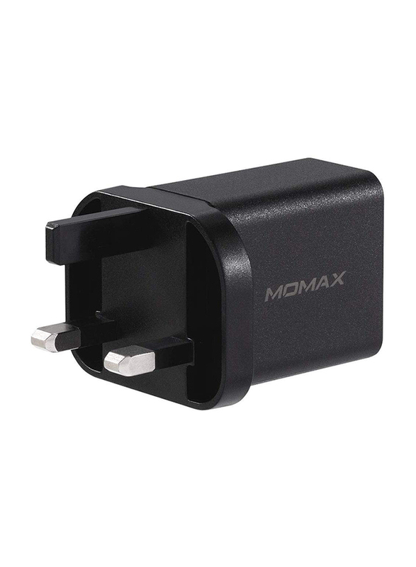 Momax UM13 UK 18W Fast Wall Charger, One Plug 2 Ports USB-C Power Deliver, QC 3.0 USB Adapter, Black