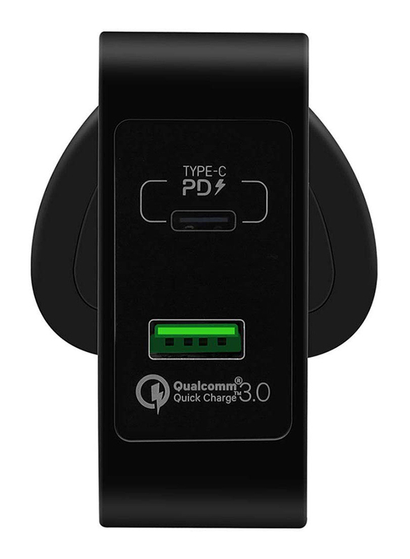 Momax UM8 UK 48W Fast Wall Charger, One Plug 2 Ports USB-C Power Deliver, QC 3.0 USB Adapter, Black