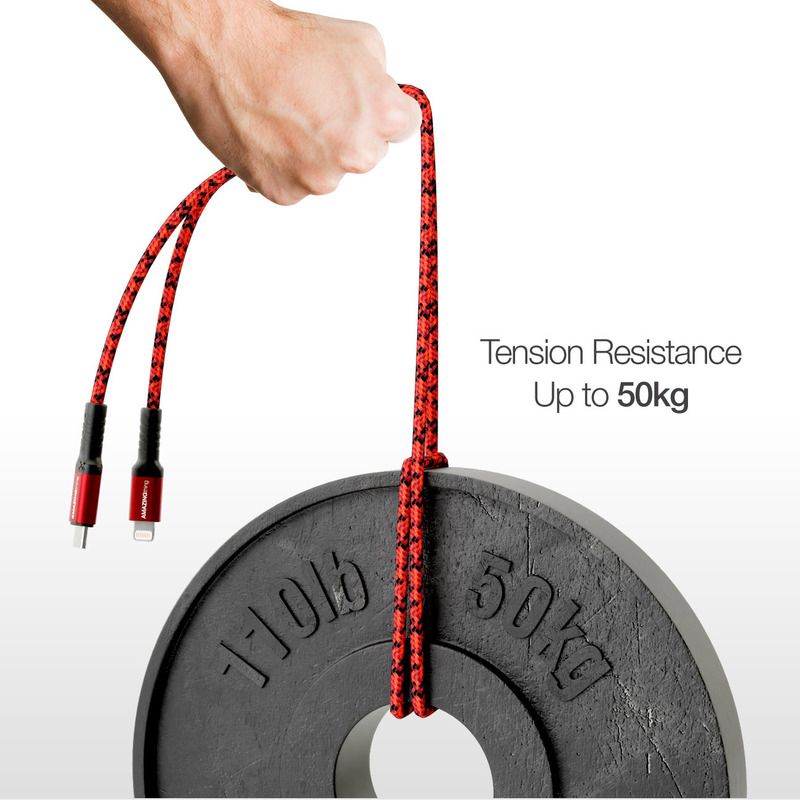 Amazing Thing 1.2-Meter Supreme Link Strong DuPont Kevlar Lightning Cable, Fast Charge 3.0A USB Type-C Male to Lightning for Apple iPhone/iPad/iPod, Red