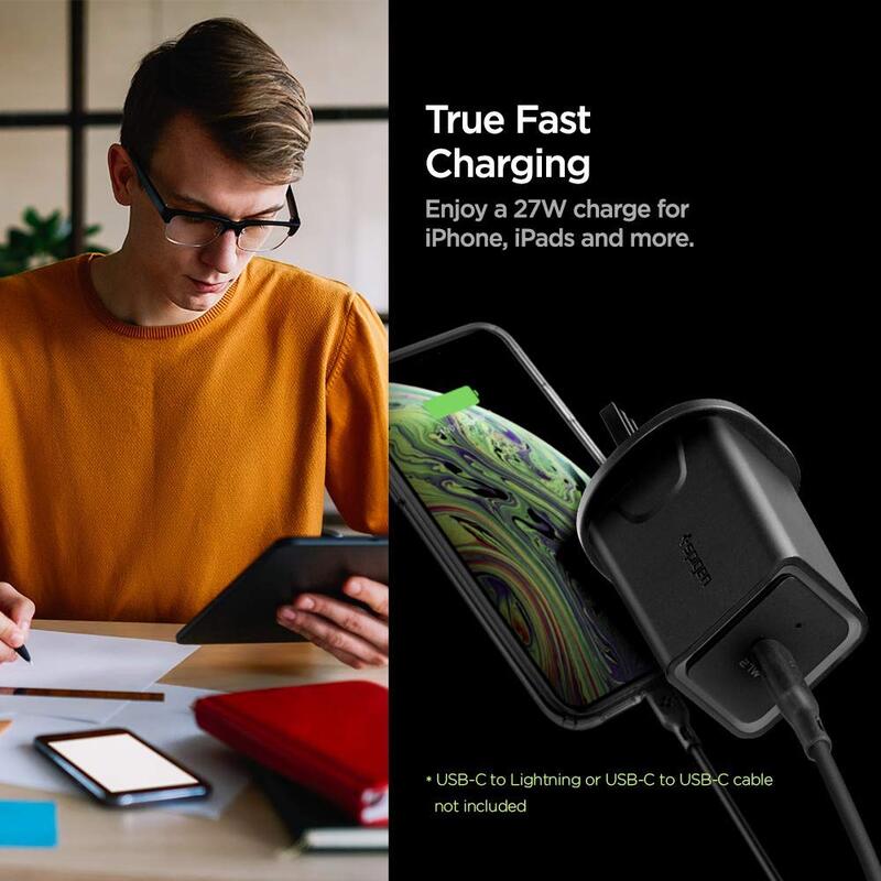 Spigen Essential F210 UK Wall Charger, USB-C Charger, 27W, IP Technology, USB C Fast Charge with Power Delivery 3.0, Black