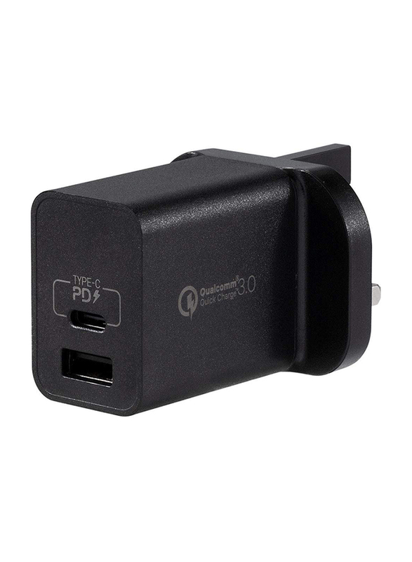 Momax UM13 UK 18W Fast Wall Charger, One Plug 2 Ports USB-C Power Deliver, QC 3.0 USB Adapter, Black