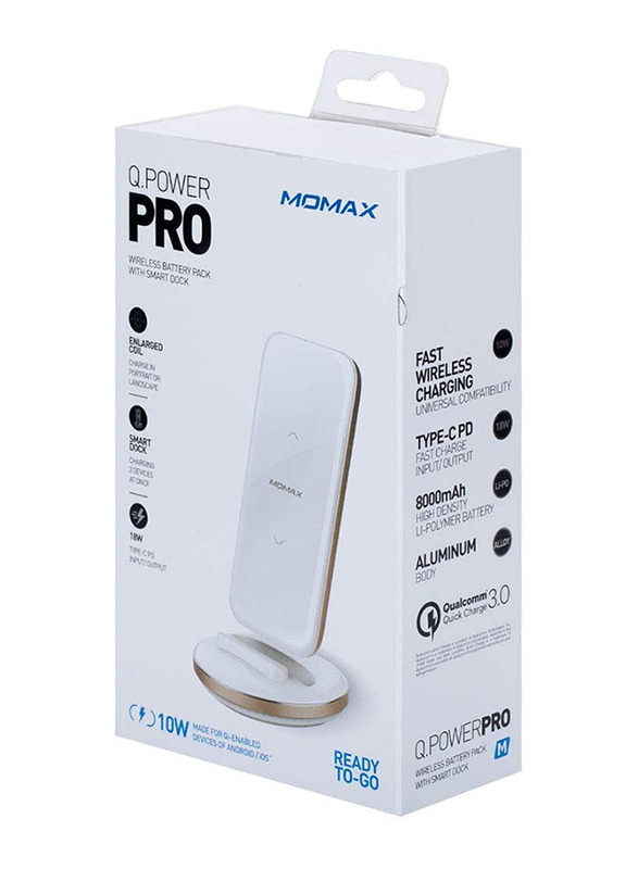Momax Q.Power Pro 10W Wireless Charging Pad, Qi Certified Technology with 8000mAh Power Bank 18W Output, White