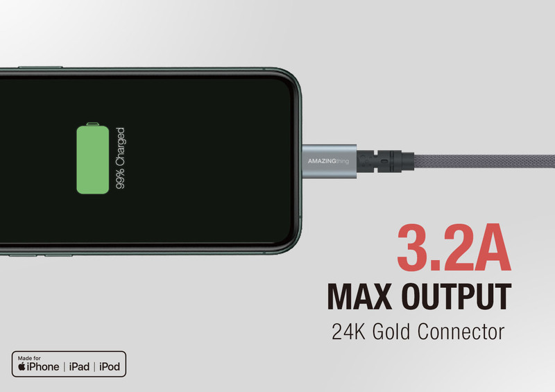Amazing Thing 1.1-Meter Powermax Plus Lightning Cable, 3.2A USB A to Lightning Cable, MFi Certified, Fast Charge Robust 55kg Resistance 50000 Bend test 19AWG for Apple iPhone/iPad/iPod, Space Gray
