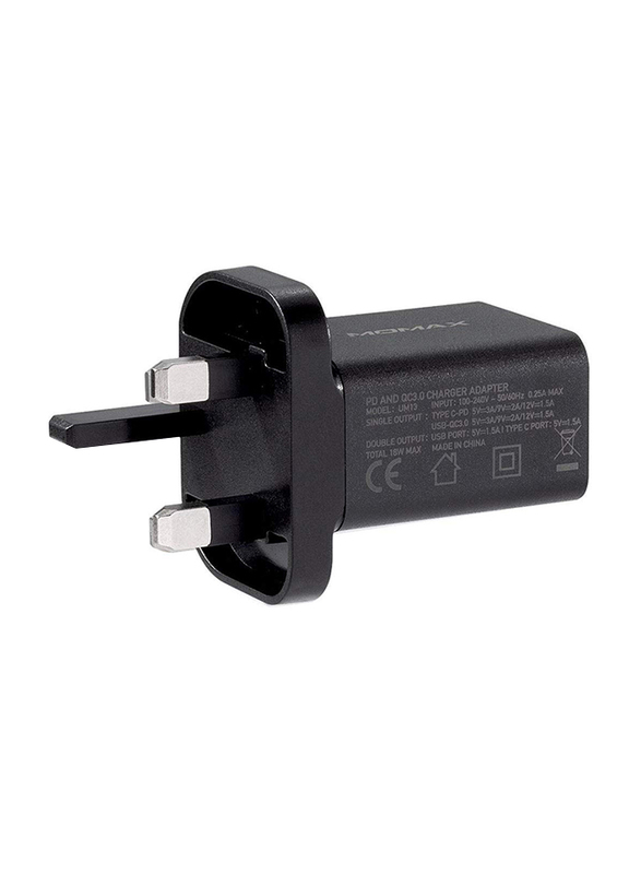 Momax UM13 UK 18W Fast Wall Charger, One Plug 2 Ports USB-C Power Deliver, QC 3.0 USB Adapter, Black