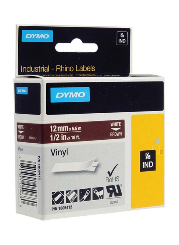 

Dymo Rhino Vinyl Label Tape, 12mm x 5.5m, White/Brown