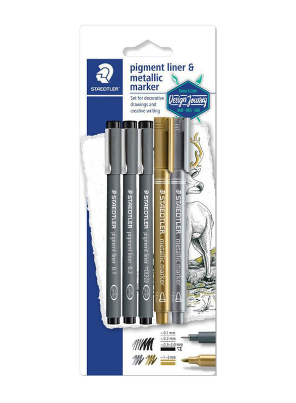 

Staedtler StaEDT Perfumeler 4-Piece Pigment Fineliner Pen Set with Metallic Marker, Grey/Gold