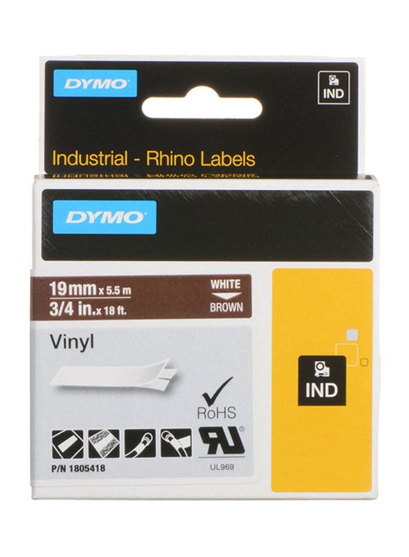 

Dymo Rhino Vinyl Label Tape, 9mm x 5.5m, White/Brown