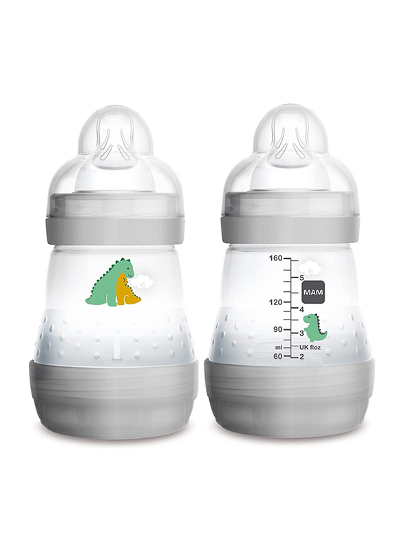 

Mam Anti-Colic Easy Start Newborn Essentials Slow Flow Bottles with Silicone Nipple, 5oz x 2 Pieces, Clear/Grey