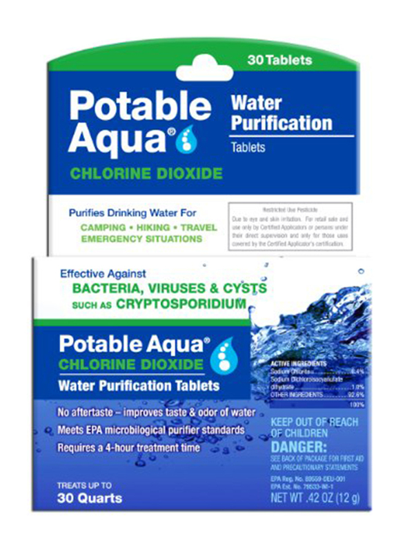 

Potable Aqua Chlorine Dioxide Water Purification Tablets, 30 Tablets, Blue