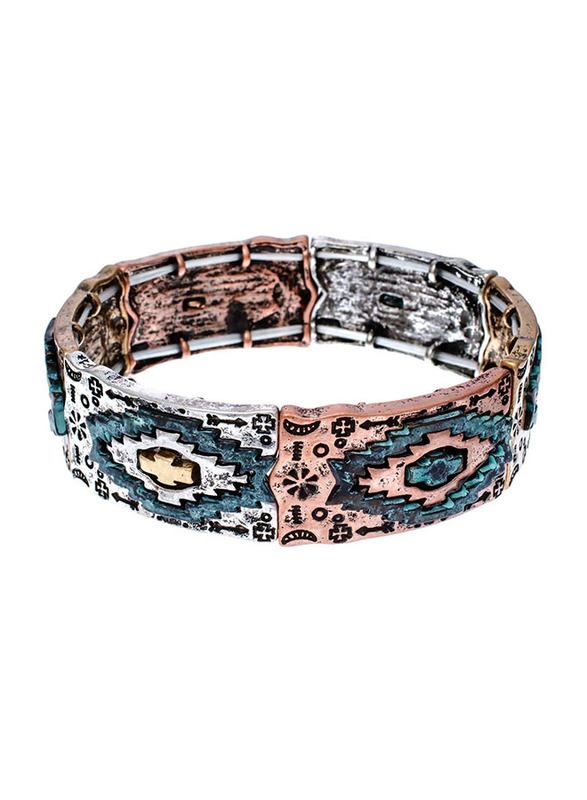 

PammyJ Tri-Tone Aztec Pattern with Patina Finish Stretch Bracelet for Women, Multicolour