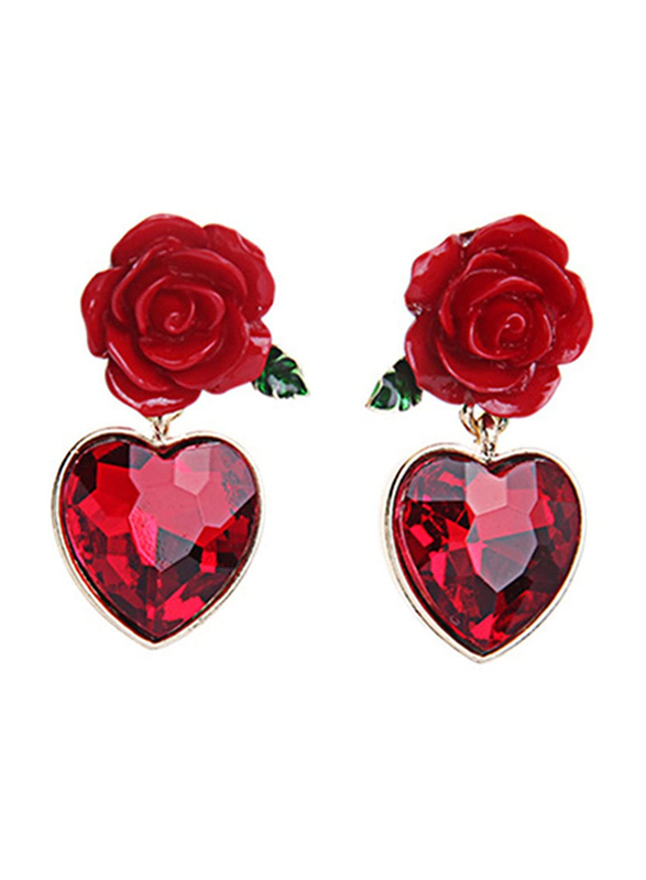 

XCFS Vintage Simulated Ruby Heart & Red Rose Flower Stud Earring for Women, Red