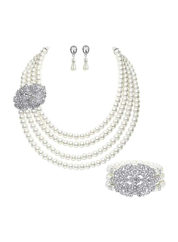 

Babeyond 1920S Gatsby Pearl Jewelry Set for Women, with Multilayer Imitation Necklace Earrings with Brooch, Style 4, White/Silver