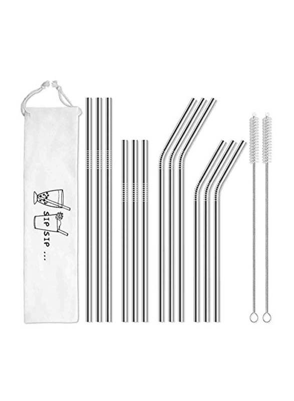 

Hiware 12-Pieces Stainless Steel Reusable Straws with Case & 2 Cleaning Brushes Included, Silver