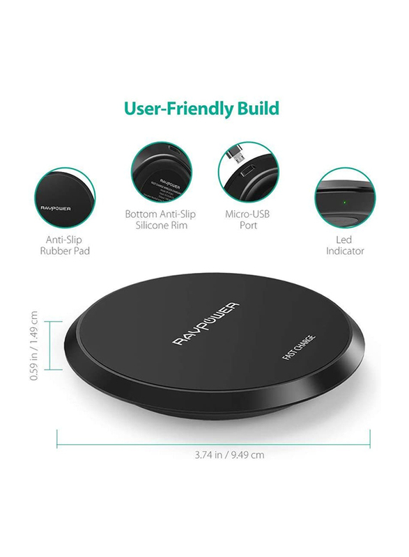 Rav Power Wireless Charging Pad, Qi Certified, with Micro USB Input, 10W, Black