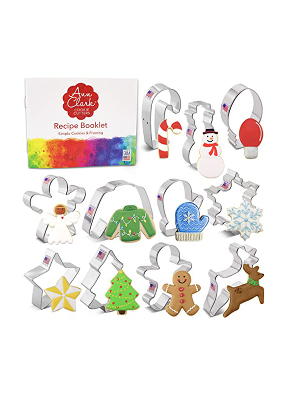 

Ann Clark Cookie Cutters 11 Piece Christmas Cookie Cutter Set with Recipe Booklet, Silver