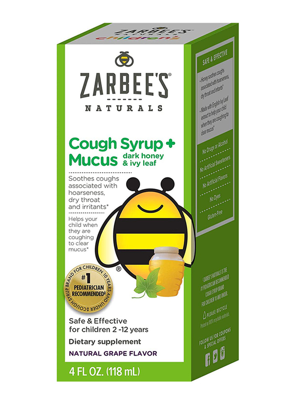 

Zarbee's Naturals Children's Cough Syrup + Mucus with Dark Honey & Ivy Leaf Bottle, Natural Grape Flavour, 118ml