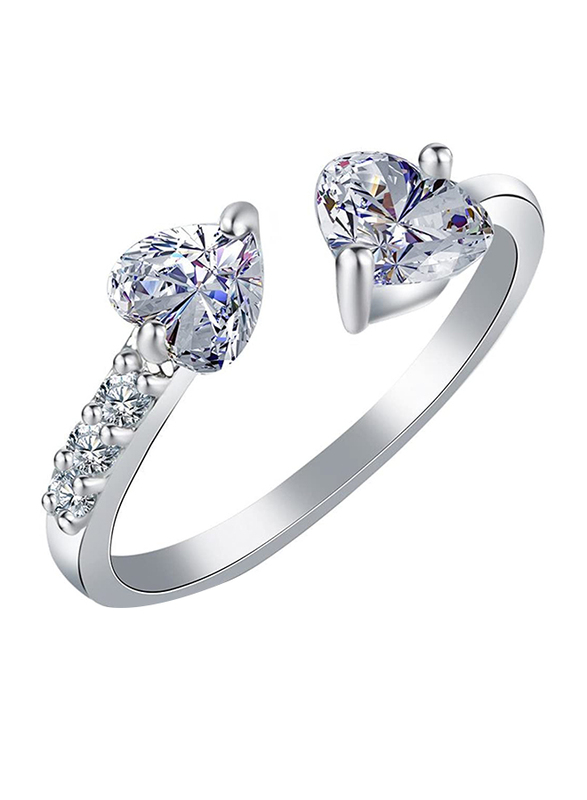 

Diamondwize Double Heart White Gold Adjustable Fashion Ring for Women with Crystal Stone, Silver, Free Size