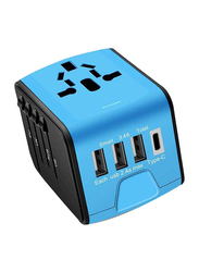 Mc Whlzd UK/US/AU International Plug Travel Adapter, 3.4A Smart High Speed, USB Type C, 4 USB Ports, Blue